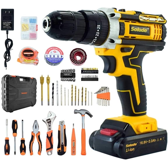 SOLUDE Cordless Drill Set,16.8V Power Drill Driver with 124-Piece Home Repair Tool Kit,3/8" Keyless Chuck,2-Variable Speed,25+1 Torque Setting,Built-in LED