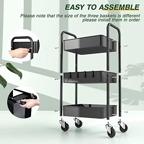 3 Tier Rolling Storage Cart, Metal Trolley Utility Cart with Wheels & Hooks, Easy Assembly Organizer Storage Cart for Bathroom Kitchen Office Bedroom Black