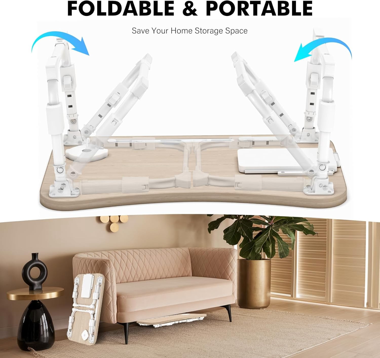 Foldable Laptop Desk,Height Adjustable,with USB/Storage Drawer/Cup Holder/Tablet Stand/Book Shelf for Reading,Writing,Eating,Watching,Glacier