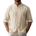 thumbnail image 3 of UVEASISHA Linen Shirts for Men Roll Up Long Sleeve Beach Shirt Stand Collar Casual Chinese Frog Button Shirts Solid Color Vacation Wear Khaki 3XL, 3 of 8