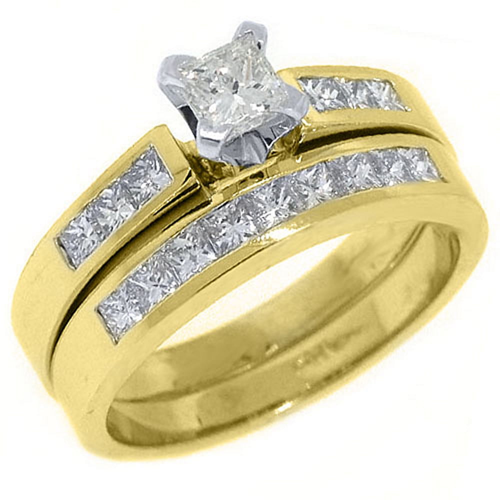 14k Yellow Gold 1.44 Carats Princess Cut Diamond Engagement Ring Bridal ...