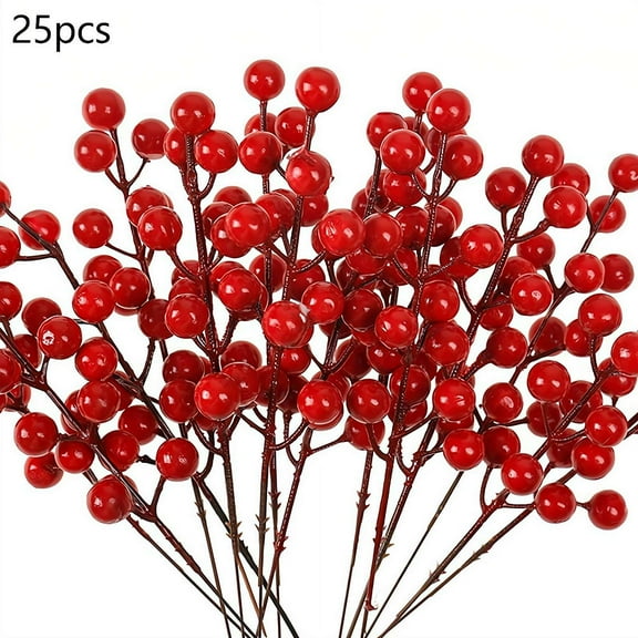 25 Pcs Artificial Red Berry Stems, Christmas Red Berries Holly Berry Branches for Christmas Tree New Year DIY Craft Garland Home Decor