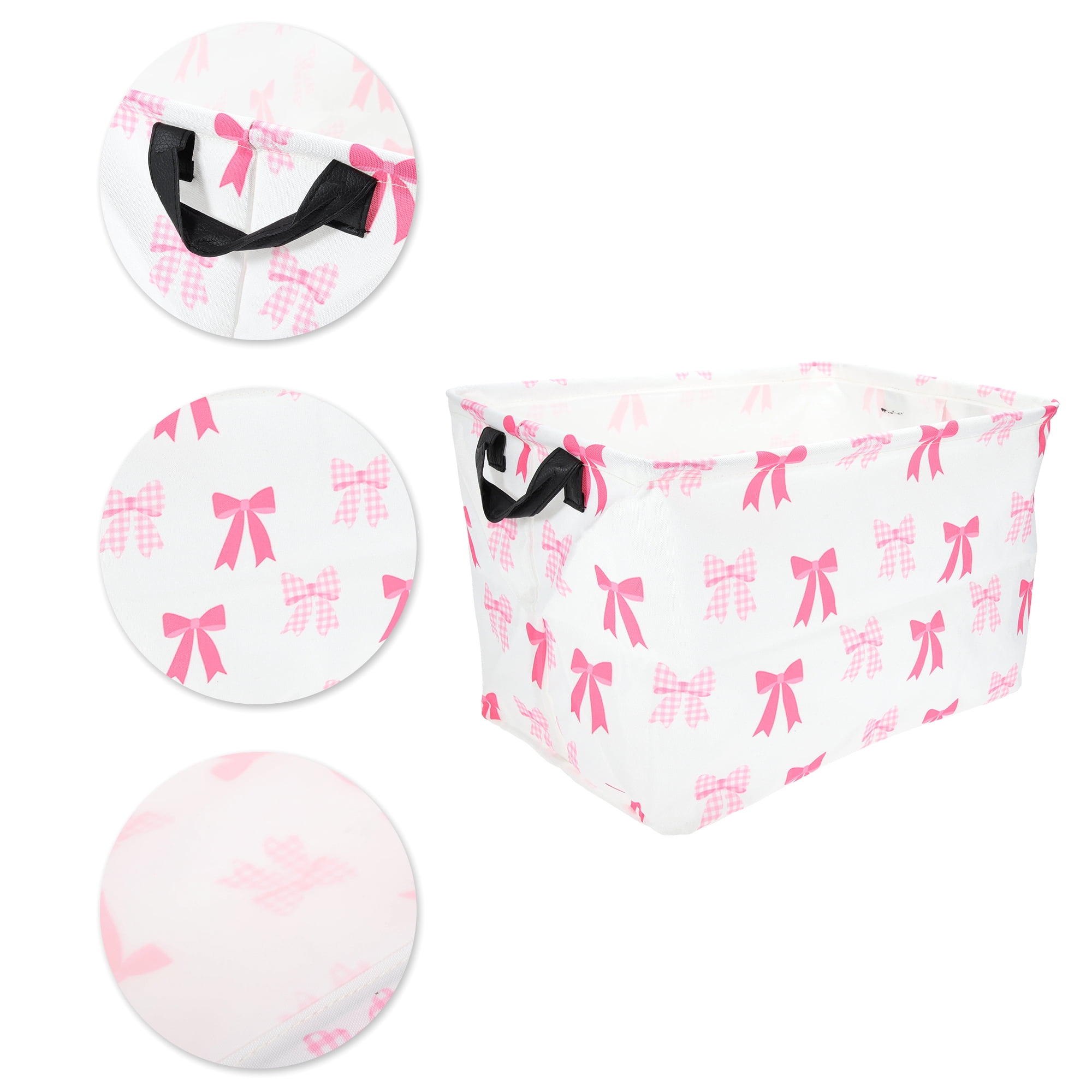 Unique Bargains Bow Print Storage Basket with Handles 14.9x10.2x8.6in 1 Pc Pink, White