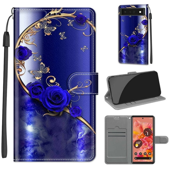 Compatible with Google Pixel 6 Wallet Case for Men Women, Premium PU Leather Flip Cover with Card Holder, Wrist Strap, Kickstand Shockproof Magnetic Clasp Case, Blue Rose   Golden Butterfly