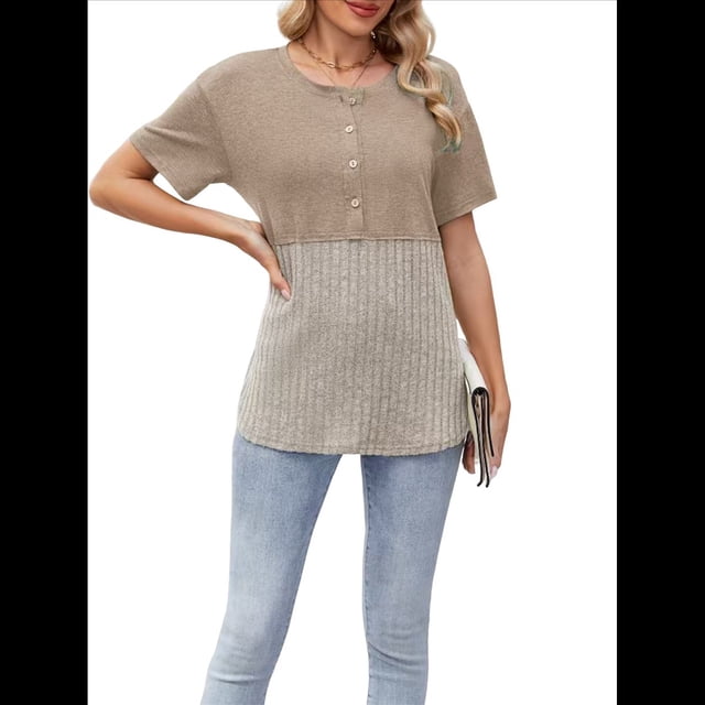 Blusas de Corta con Cuello Redondo y Botones para Mujer, y Verano 2025 Caqui L