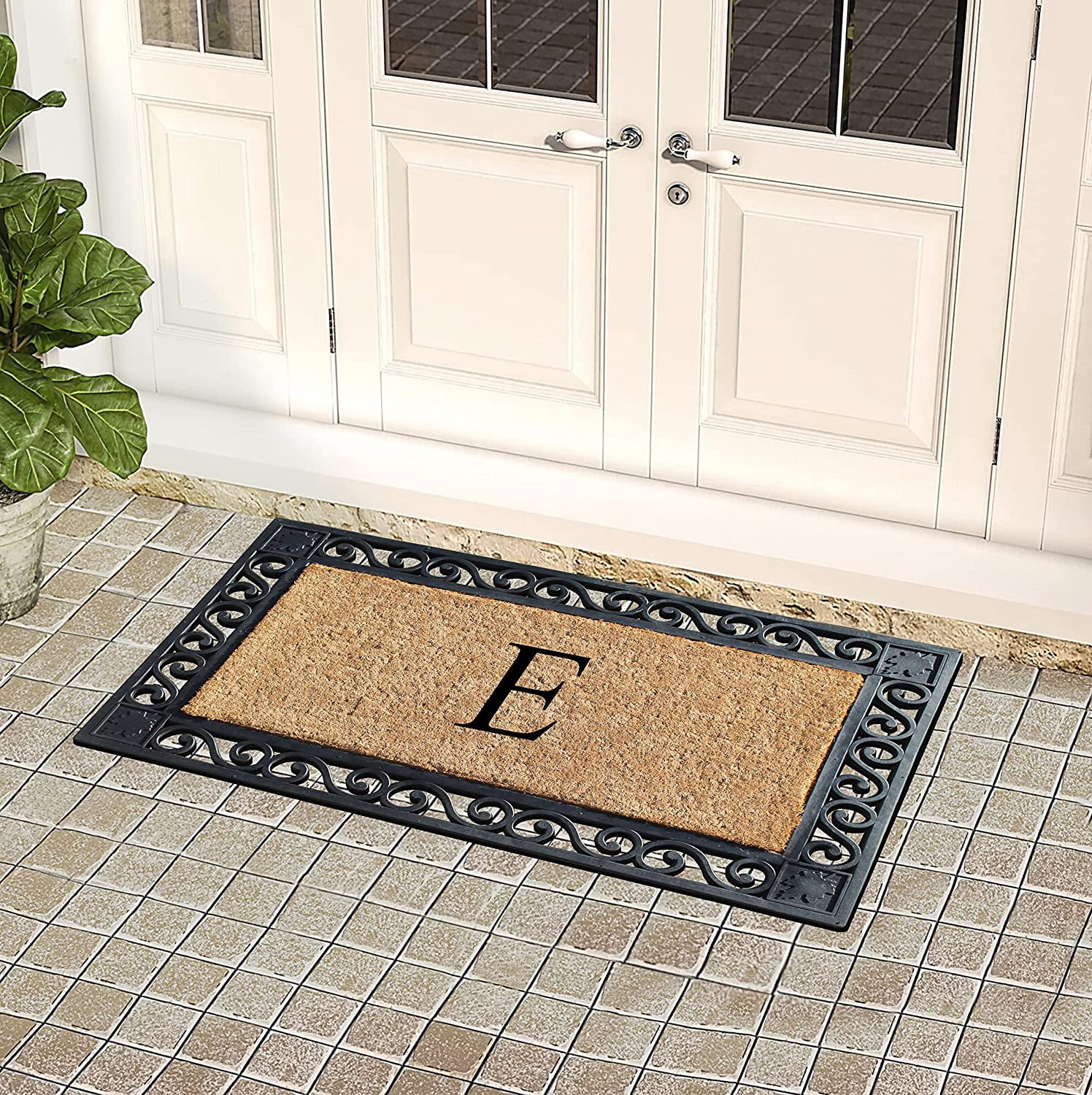A1HC Natural Coir and Rubber Paisley border Monogrammed Doormat, Anti-Shed Treated Durable for Outdoor Entrance , 23"X38", Black