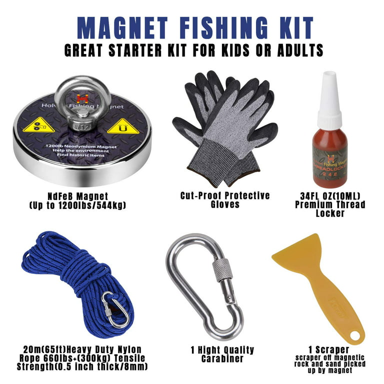 Holvon Fishing Magnet Kit 1200LB Capacity 65FT 1/2 Nylon Rope, Sturdy  Carabiner, Waterproof Gloves