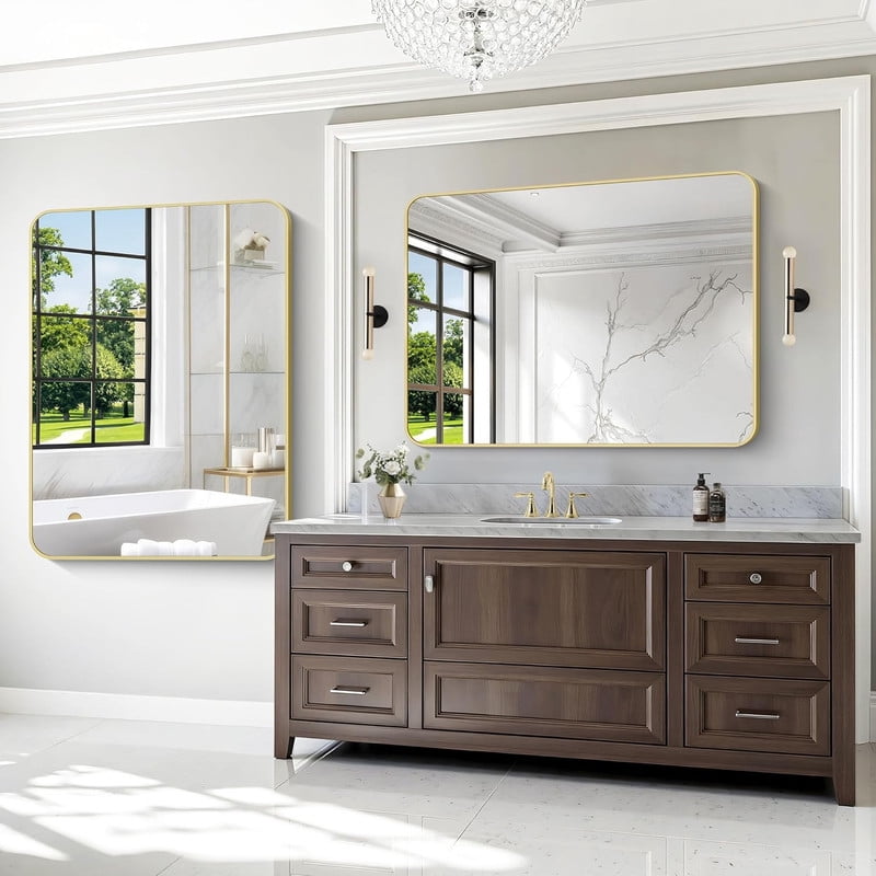 Clarvion 36"x48" Rounded Edge Rectangle Bathroom Mirror Wall Mounted Vanity Mirror,Gold