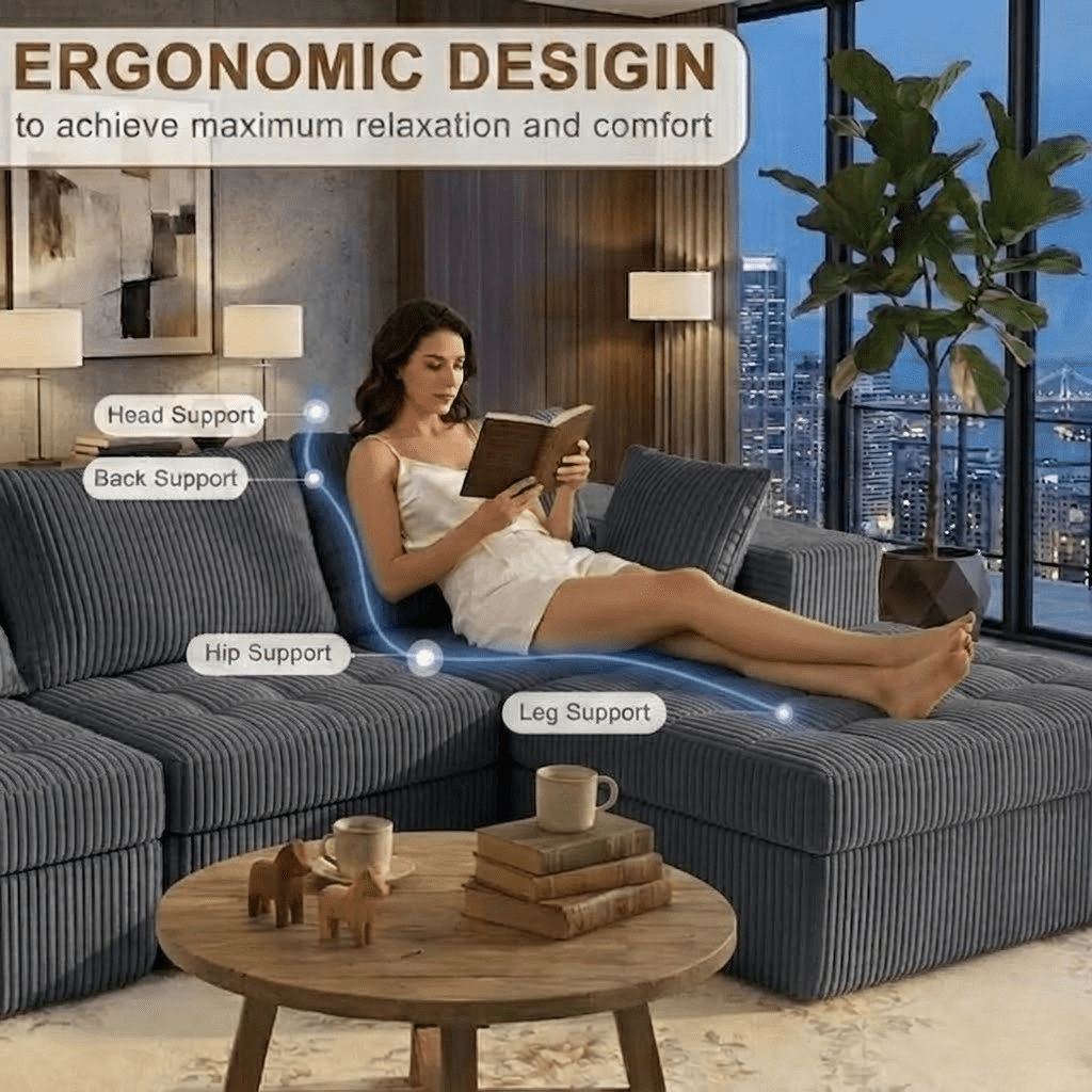 Howcool Cloud Couch Modular Sectional Sofa 6 Seat 134" U Shaped Convertible Couch Corduroy Thick Cushion with 2 Storage Ottomans and Toss Pillows Washable Removable Cover for Living Room,Dark Grey