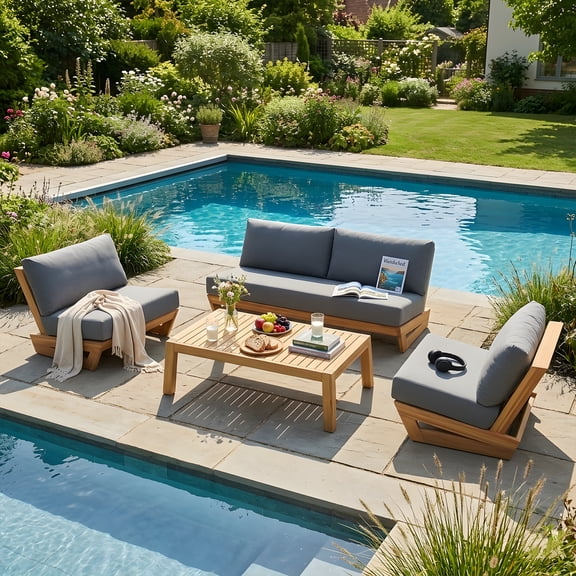 OTSUN 4 Pcs Outdoor Patio Furniture Set, Front Porch Furniture with 2-Seater Sofa 2 Single Sofas and Teak Table Patio Sectional for Garden Terrace & Backyard