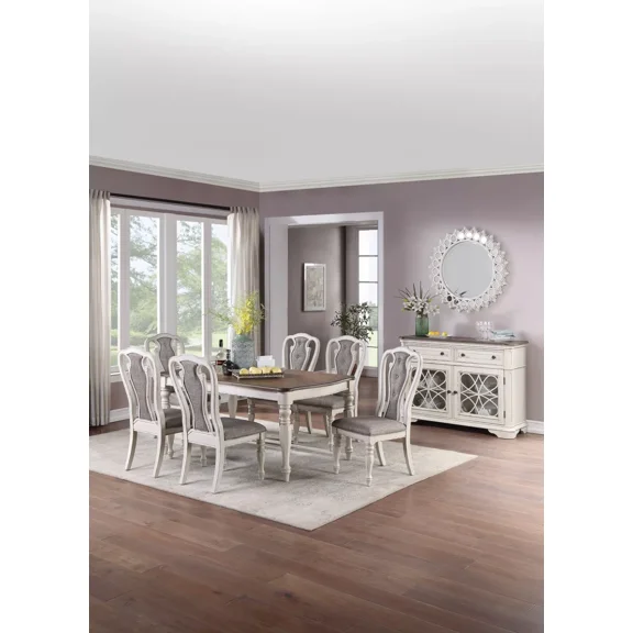 Traditional Style 7pc Dining Set Antique White Dining Table 6x Side Chairs Fabric Cushion Seat Dining Room Furniture