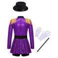 thumbnail image 2 of Doomiva Kids Girls Shiny Ringmaster Halloween Dancewear Sequins Tassel Cap Leotard Dress Cheer Leader Uniform Purple-Set 6, 2 of 6