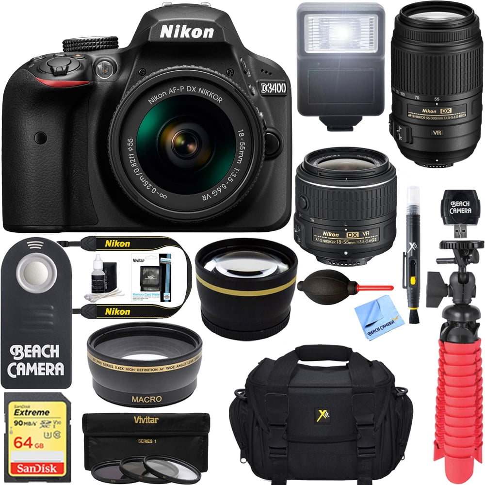 Nikon D3400 24.2 MP DSLR Camera + VR Lens Kit + Bundle 64GB SDXC Memory