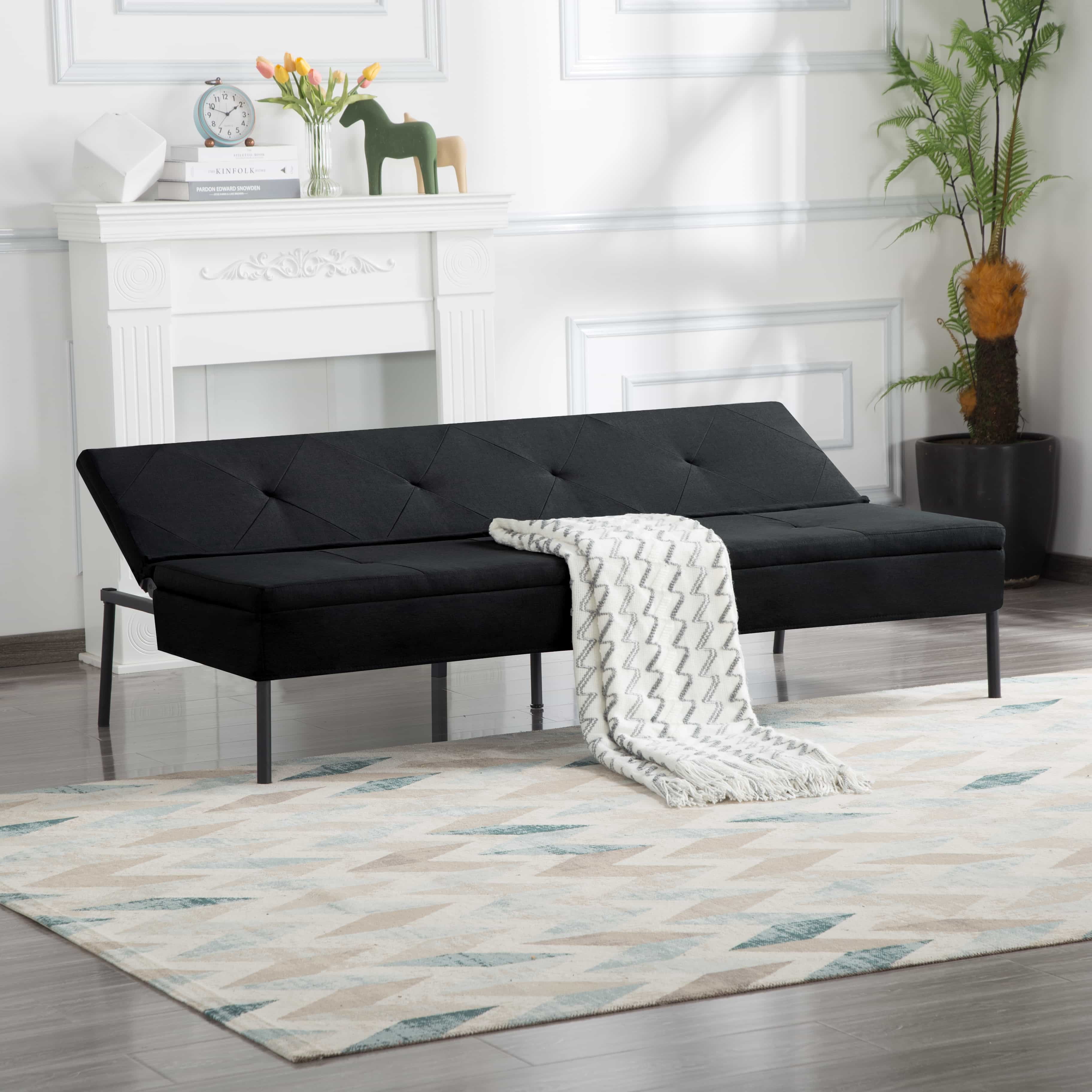 BSHTI 63 inch Convertible Sleeper Futon Sofa Bed,Polyester Fabric,All Iron Frame Convertible Futon Sofa Bed,for Living Room,Office,Small Apartment(Black)