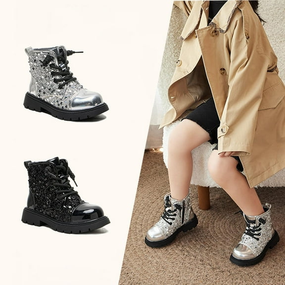 Miluxas Girls Glitter Ankle Boots Lace up Waterproof Combat Shoes with Side Zipper for Toddler/Little Kid/Big Kid Silver 2 M(36)