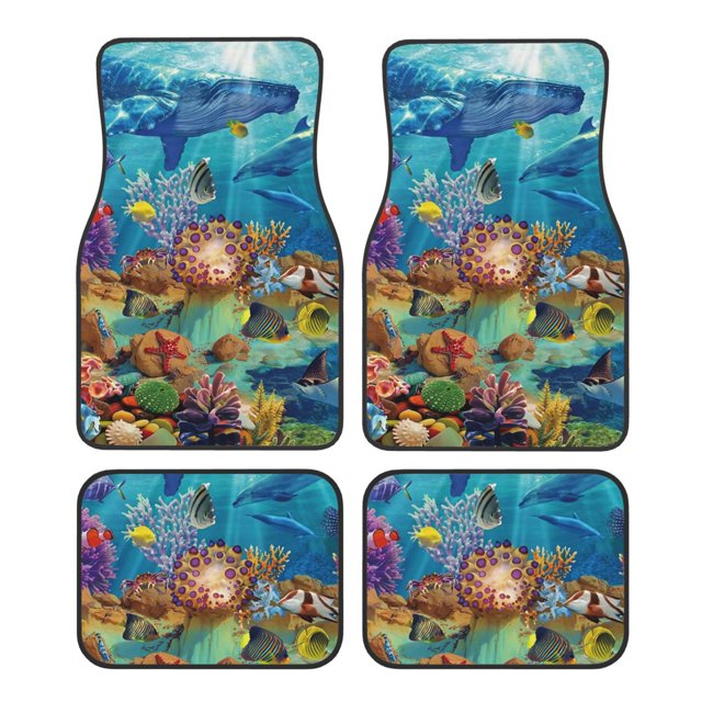 Fotbe Sea World Juego de 4 Tapetes para Auto con Estampado – Alfombrillas de Goma Reforzada, Diseño Antideslizante, Protección para Todo el Año – Vehículos, Autos, Camionetas y SUVs