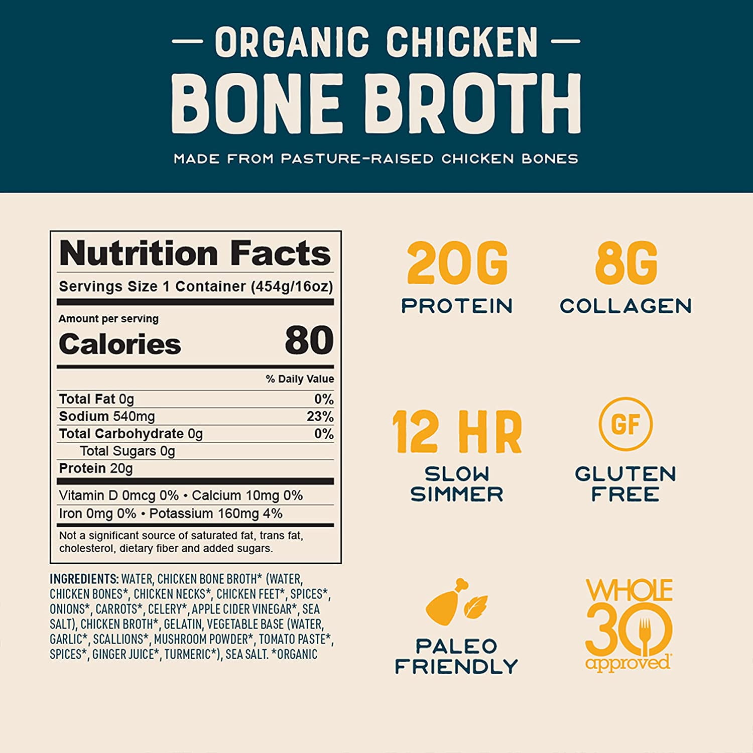 Bare Bones Chicken Bone Broth for Cooking and Sipping, Pasture Raised, Organic, Protein and Collagen Rich, Keto Friendly, 16 oz, Pack of 4