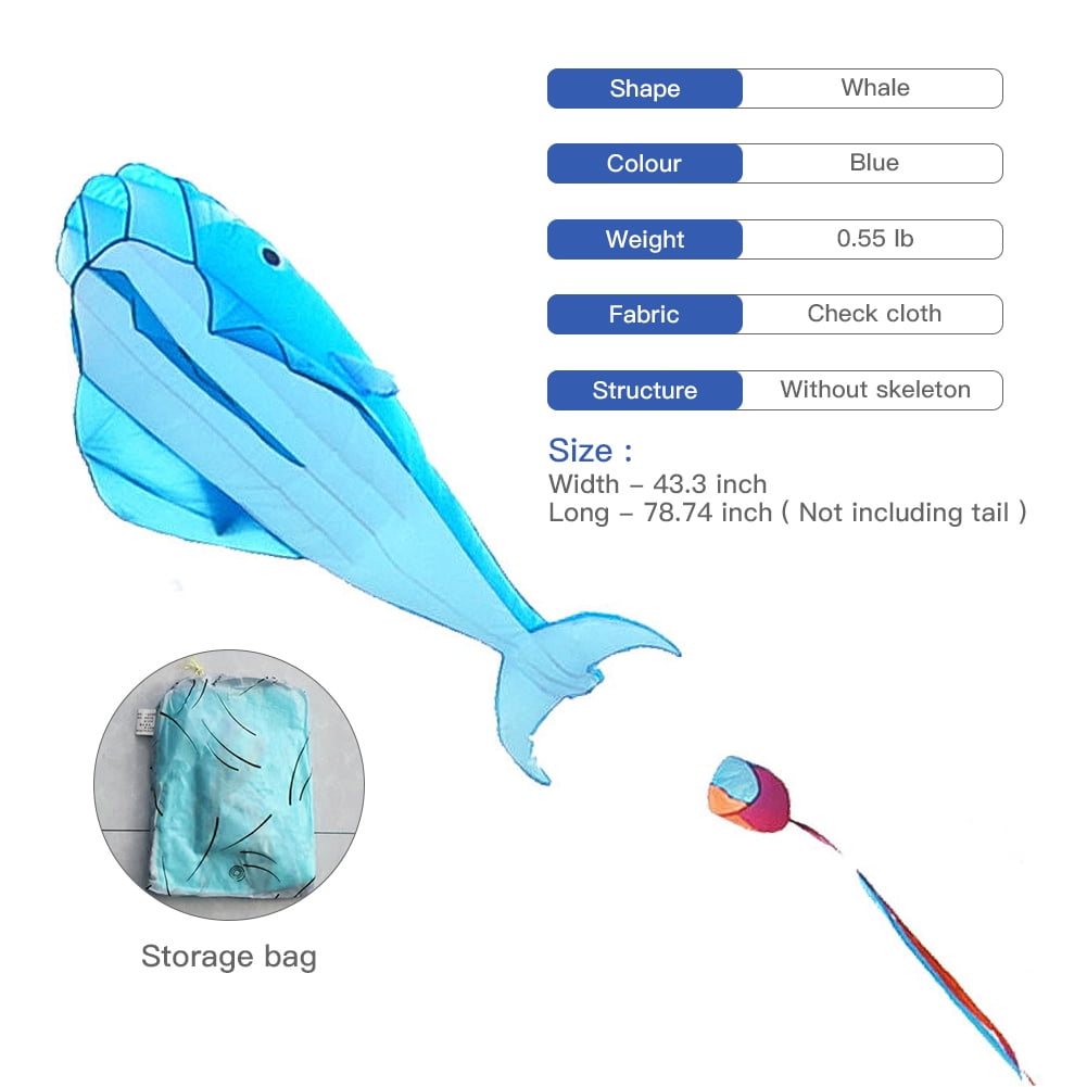 Large Blue Dolphin Kite, Frameless Soft Parafoil Giant 3D Kite