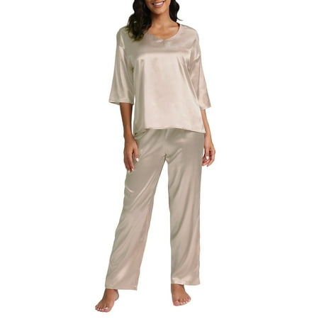 

Valcatch Women s Pajama Set Soft Imitation Silk Short Sleeve Top with Pants Lady Loungewear Set