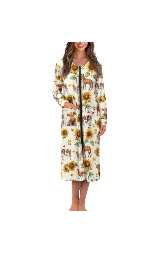 Highland Cow Bathrobes for Women Zipper Front Sleepwear Chicken Crewneck Robe Long Dressing Gown Plus Size 4XL Sunflower Mid-Calf Length Robes with Pockets