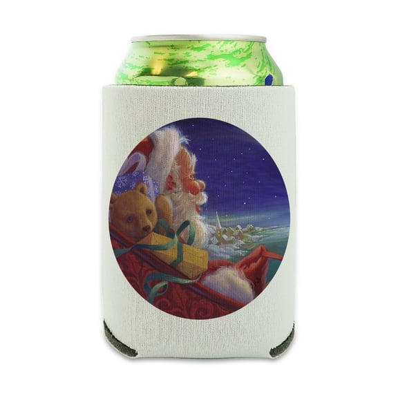 Christmas Holiday Santa Claus Night Sleigh Ride Can Cooler - Drink Sleeve Hugger Collapsible Insulator - Beverage Insulated Holder