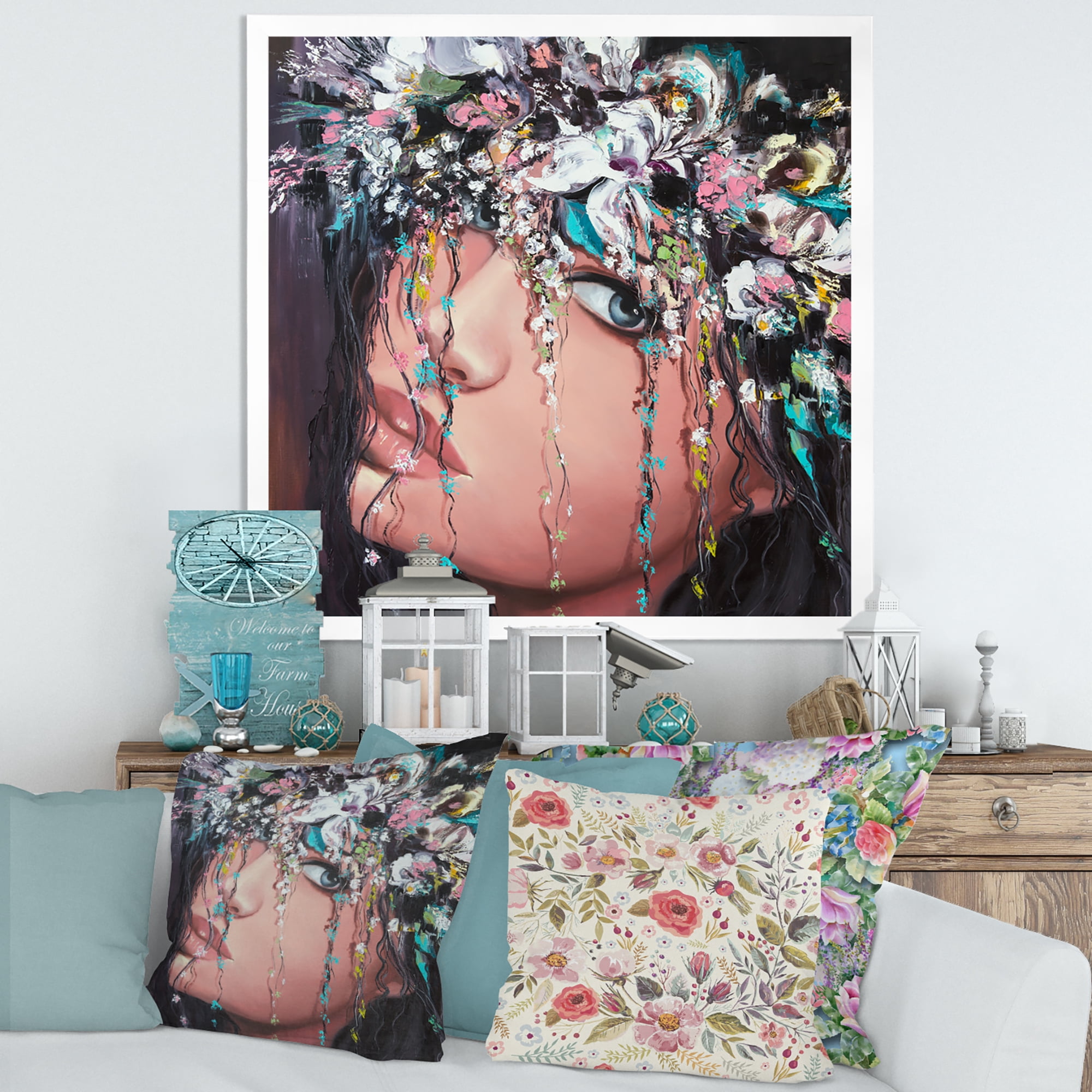 Designart 'Portrait Of A Young Woman With Flowers II' Modern Framed Art Print