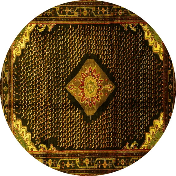 Ahgly Company Machine Washable Indoor Round Medallion Yellow Traditional Area Rugs, 5' Round