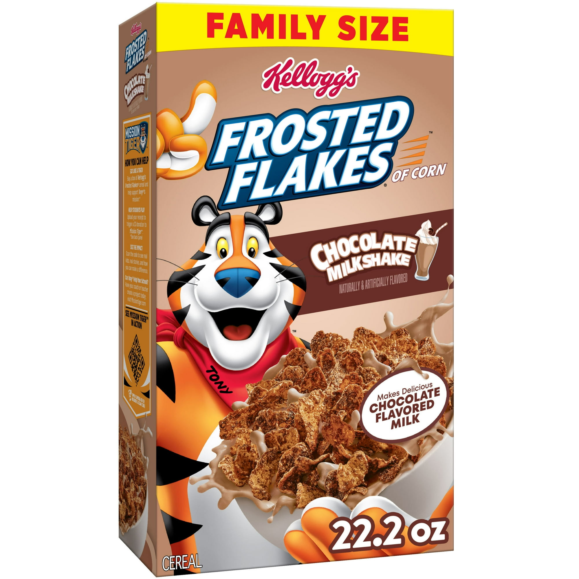 Kellogg's Frosted Flakes Chocolate Milkshake Breakfast Cereal, Kids Cereal, Family Size, 22.2 oz