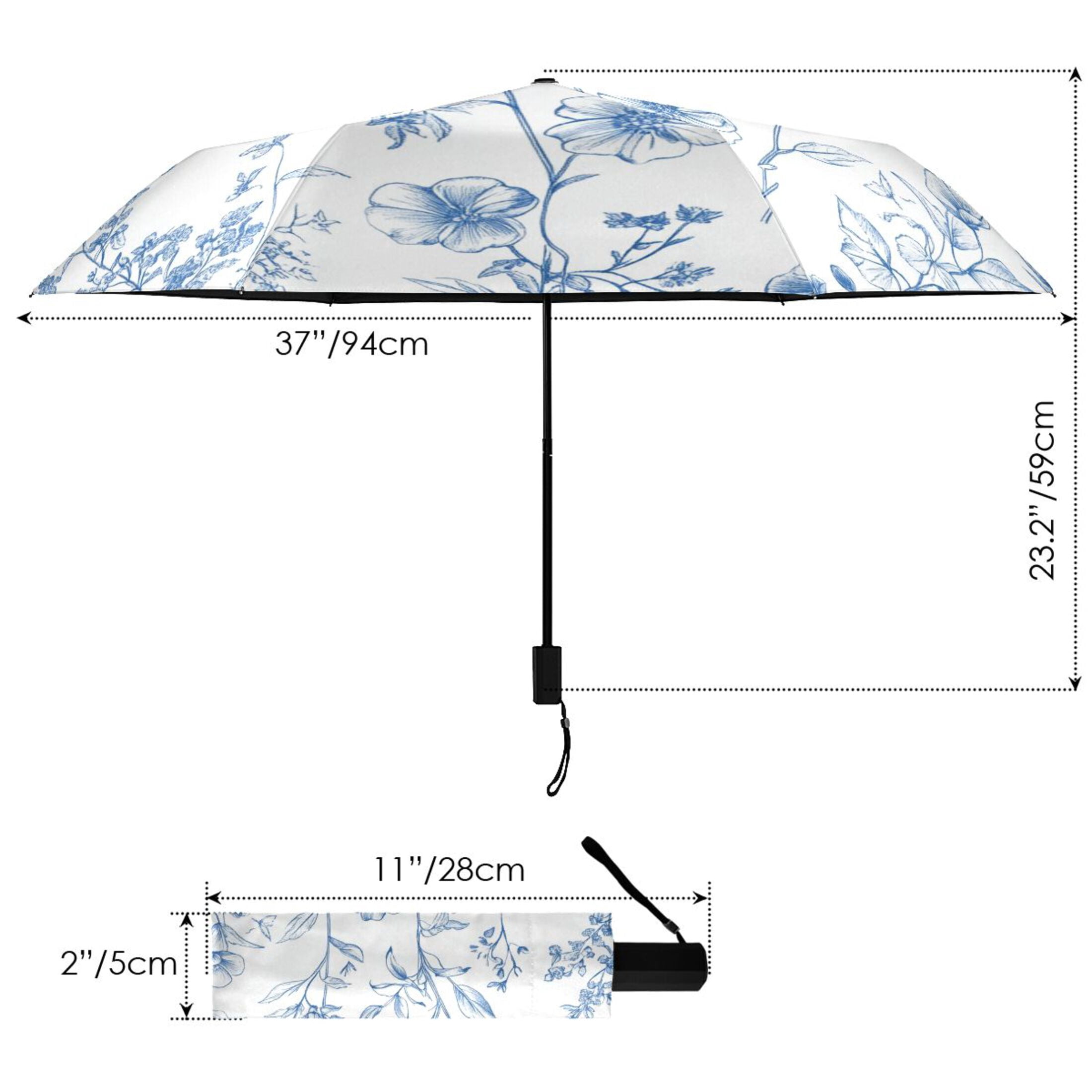 Different Blue Ink Flowers All Weather Umbrella Triple Folding Parasol 6 Ribs UV Protection Portable