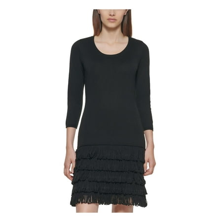 CALVIN KLEIN Womens Black 3/4 Sleeve Scoop Neck Above The Knee Evening Sweater Dress S