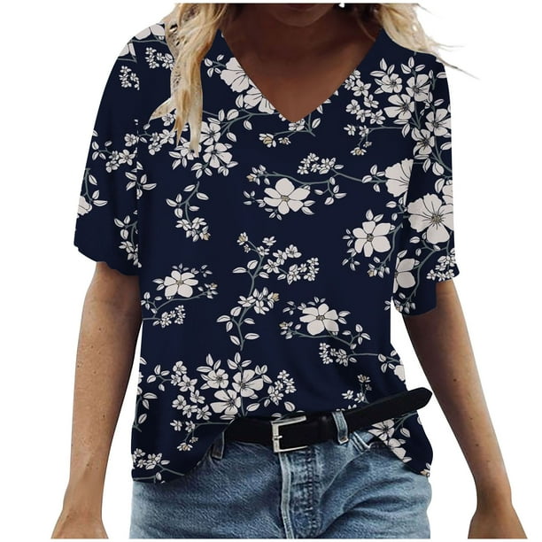 Camisetas con estampado floral con cuello en V para mujer Blusas femeninas cómodas a la moda Tops OAVQHLG3B Store lin121212