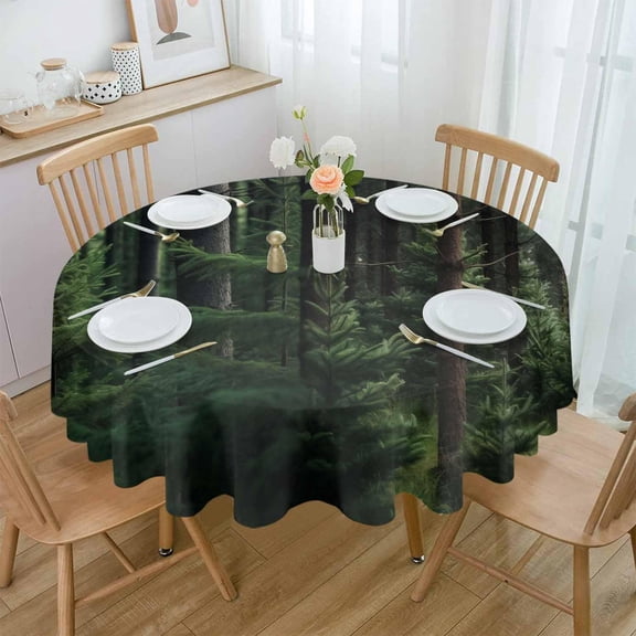 Green Forest Round Tablecloth 60 Inch - Waterproof Fabric Table Cloth Protector, Mysterious Primitive Forest Pine Tree Tablecloths Washable Table Cover for Kitchen Banquet Coffee Table