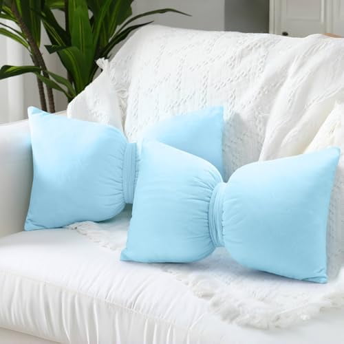 Blue 2 Pcs Bow Pillow 12 x 18 Inch Coquette Throw Pillows Large Bow Shaped Velvet Cushion Coquette Decorative for Girls Room Bed Sofa Couch Car Decorations