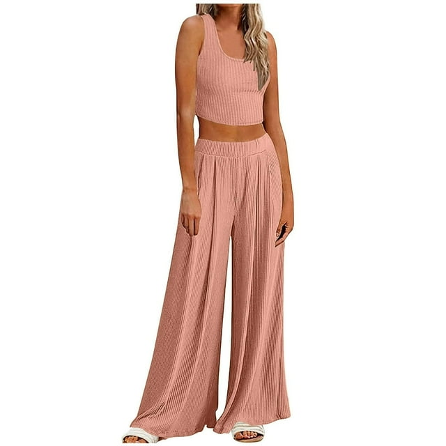 Women‘s Summer 2 Piece Outfits Lounge Sets Ribbed Knit Crop Top Wide Leg Pants with Pockets S-XXL
