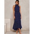 thumbnail image 4 of Women'S Summer Polka Dot Print Sleeveless Halter Neck Flowy Ruffle Hem Long Boho Dresses with Belt Blue XL, 4 of 7