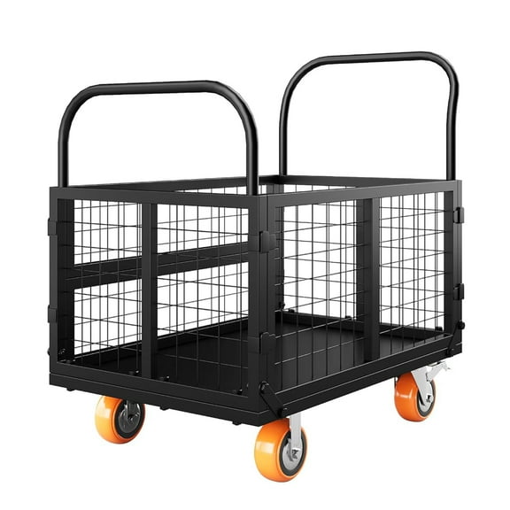 Pinypikaka 1800LBS Platform Truck Cart with Cage, 6-in-1 Multi-Purpose Flatbed Cart, Foldable Hand Truck with 4 Wheels Push Cart Dolly for Grocery, Laundry, Garage, Warehouse