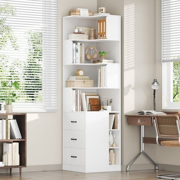 Hiphuta 77"Tall L-Shaped Corner Bookshelf with Drawers and Side Storage, Modern Wood Bookcase with 4-Tier Display Shelves Storage Cabinet for Living Room Home Office , White