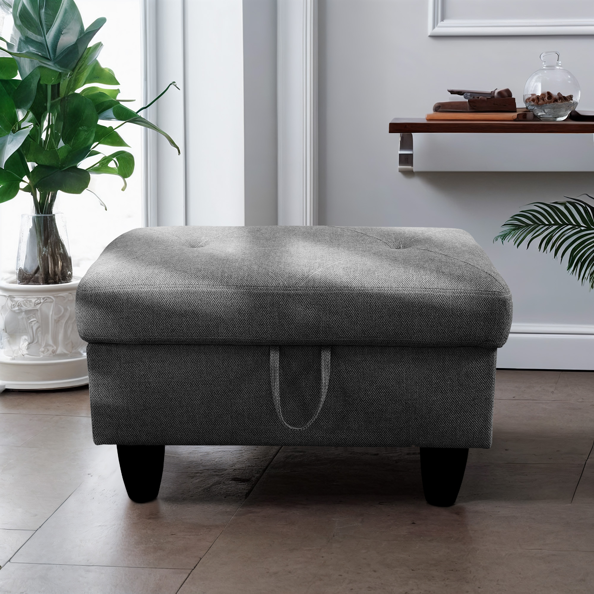 WRTEYEUI Ottoman Rectangular Storage Ottoman Bench, Flannel Footrest Stool Footstool with Lid for Living Room, Bedroom, Entryway, Black Gray, 28.5"x19"x17.5"