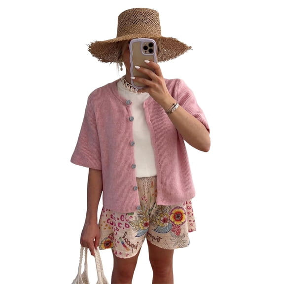 Lentta Women's Short Sleeve Cardigan Button Down Summer Knitted Cropped Sweater Top