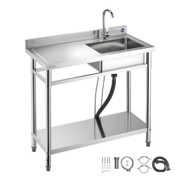 VEVOR Stainless Steel Utility Sink, Free Standing Single Bowl Commercial Kitchen Sink with Faucet, 39.4 x 19.7 x 37 in, Utility Left Basin with Hot & Cold Water Pipe for Garage, Restaurant, Laundry