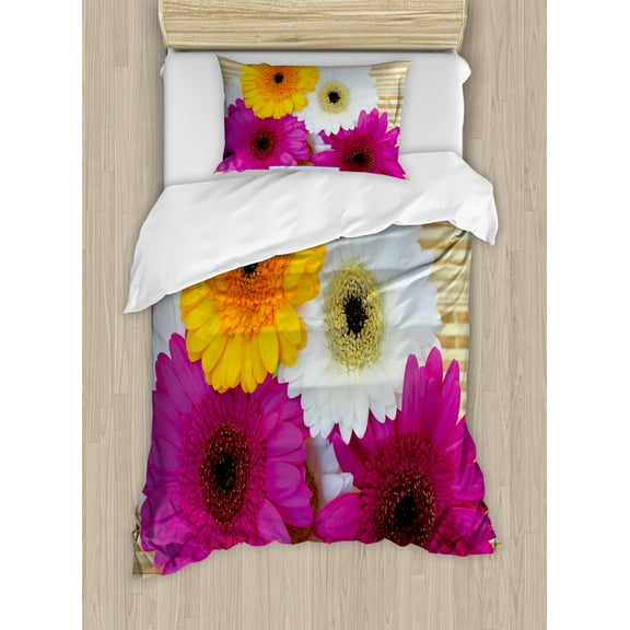 Going Away Party Duvet Cover Set Twin Size, Good Luck Note Colorful Gerbera Daisies Botanical Composition Art Print, Decorative 2 Piece Bedding Set with 1 Pillow Sham, Multicolor, by Ambesonne
