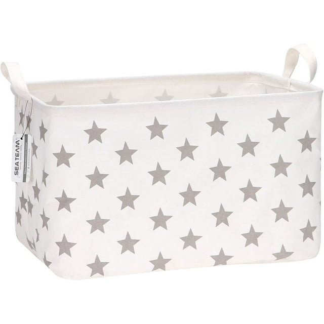 Collapsible Extra Large Canvas Fabric Storage Basket with Handles, Rectangle Waterproof Storage Bin, Box, Cube, Foldable Shelf Basket, Closet Organizer, 22 x 15 x 13 Inches, Silver Star