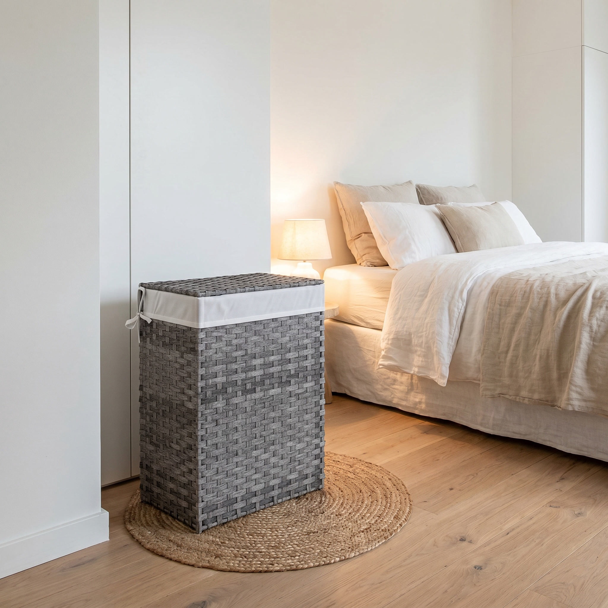 Nordic Hygge 23.8 Gal. Dove Gray Synthetic Rattan Laundry Hamper with Lid and Removable Liner