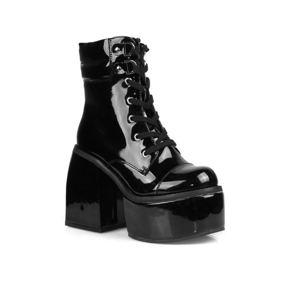 Patent Women's Lace Up Platform Block Heel Mid Calf Boots in Black