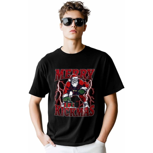 Camisetas para hombre, camiseta de algodón con cuello redondo y diseño de Papá Noel musculoso, manga corta, con relámpagos y Feliz Navidad.