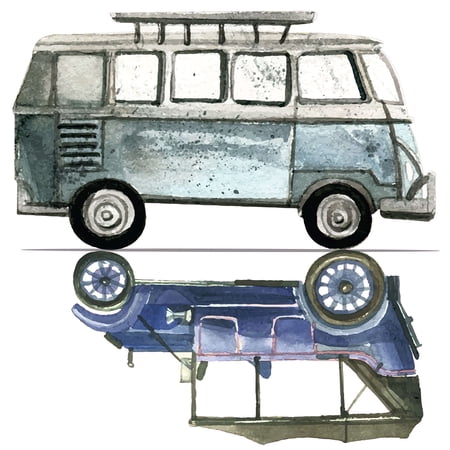 Vintage Car with Creative Shadow Artwork Design for Living Room Vinyl Wall Decal - Old Van with a Mirrored Aged Blue Vehicle on Opposite Direction Aesthetic Art Wall Decoration - 20" x 22"
