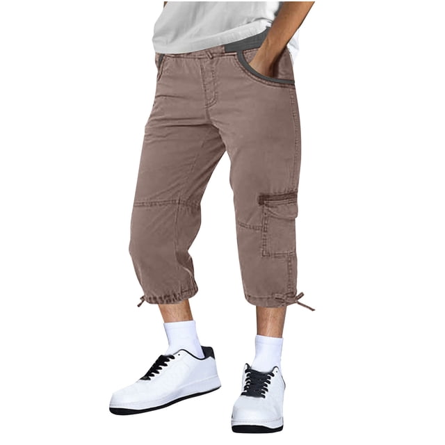 Capris, Mens Fashion Solid Drawstring Elastic Waist Pocket Casual Sweat Capris Pants