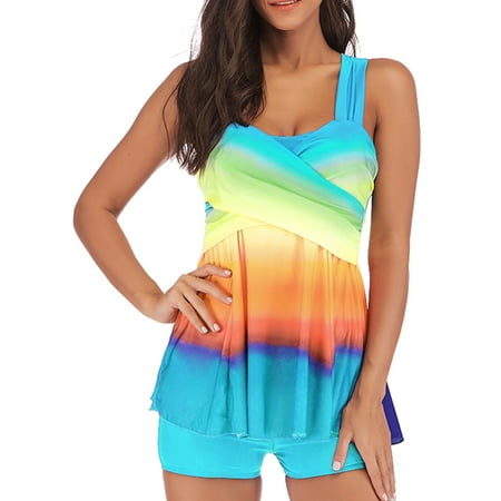 UKAP Swimsuit Tankini Set For Women Plus Size Ruffled Gradient Padded Push Up Crisscross Strappy Bathing Suit Beachwear Swimdresses (Best Swimsuits For Water Aerobics)
