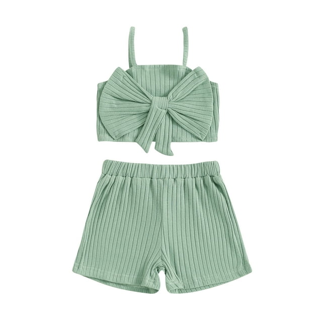 Gupgi 2Pcs Toddler Girl Summer Ribbed Clothes Baby Solid Bowknot Sleeveless Tank Tops Elastic Waist Shorts
