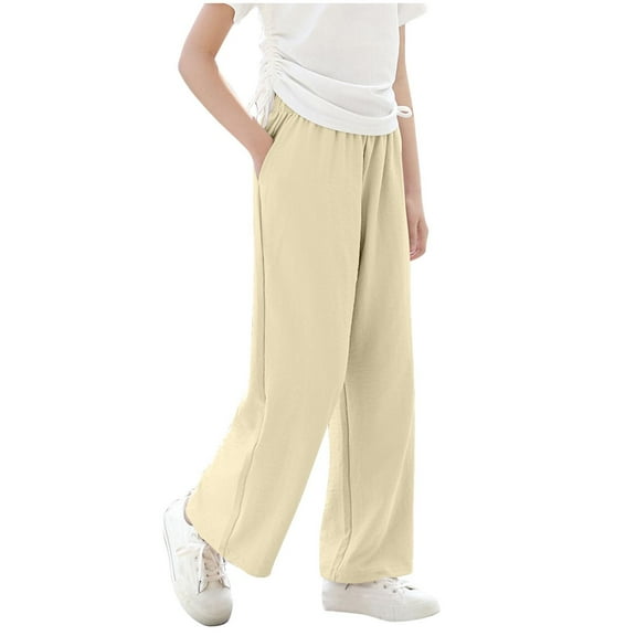 TEAJOPSUU Girls High Waisted Pants Kids Wide Leg Flowy Dress Pants Casual Long Trousers with Pockets 3-15 Years A-Beige